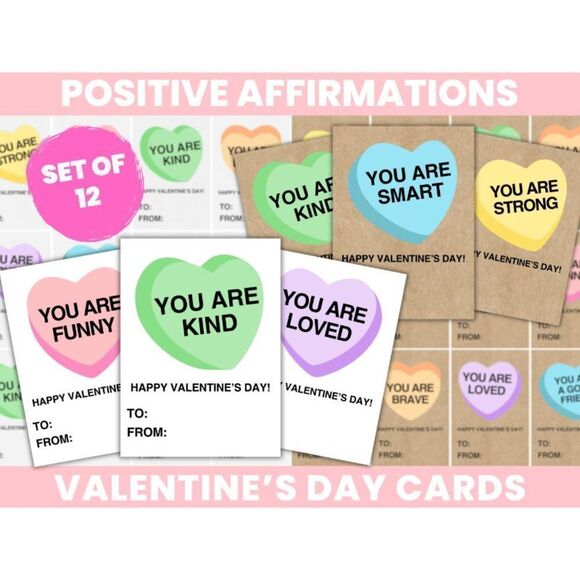 Set of 12 Positive Affirmation Valentines Day Cards, Valentine's Day Classroom C - Picture 1 of 4